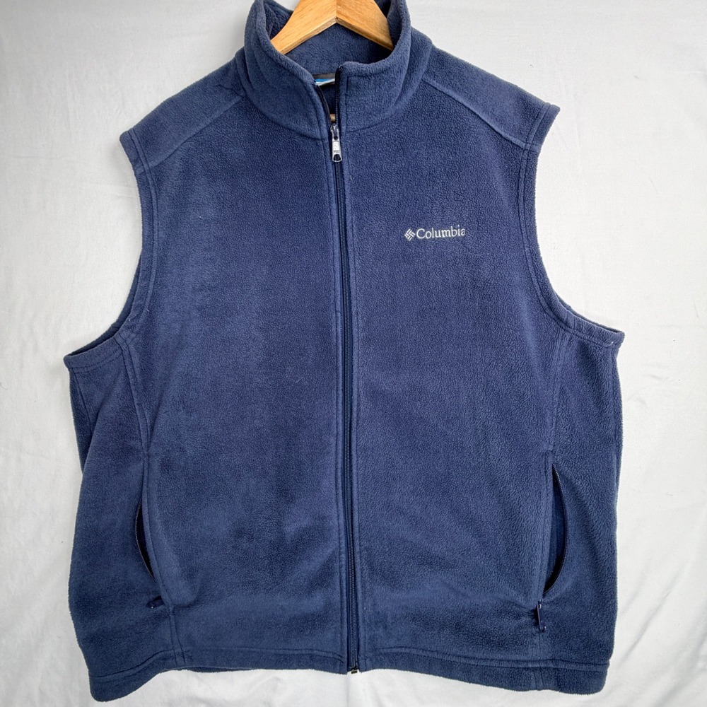 Columbia Fleece Vest XL Navy Blue Full Zip Mock Neck Sleeveless Jacket